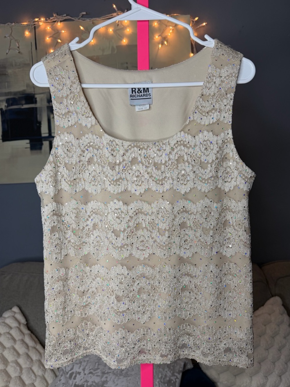 R&M Richards Beige Lace Sequin Tank Top Size 12 Sheer Overlay Sparkle Blouse